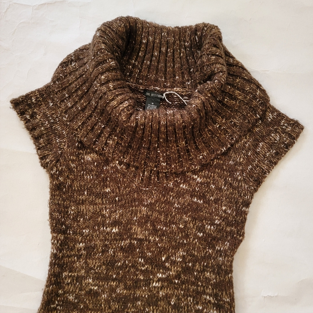Marl Knit Sweater Tunic Brown & Cream Short Sleeve Turtleneck Cowl
